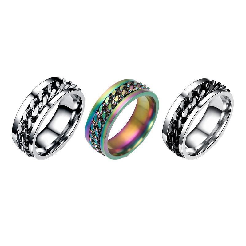 Spinner Rings Mens Womens Fidget Rotating Ring Silver Stainless Steel Size 7 - Black