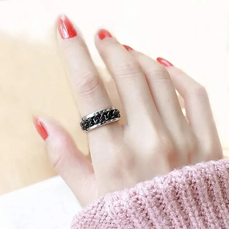 Spinner Rings Mens Womens Fidget Rotating Ring Silver Stainless Steel Size 7 - Black