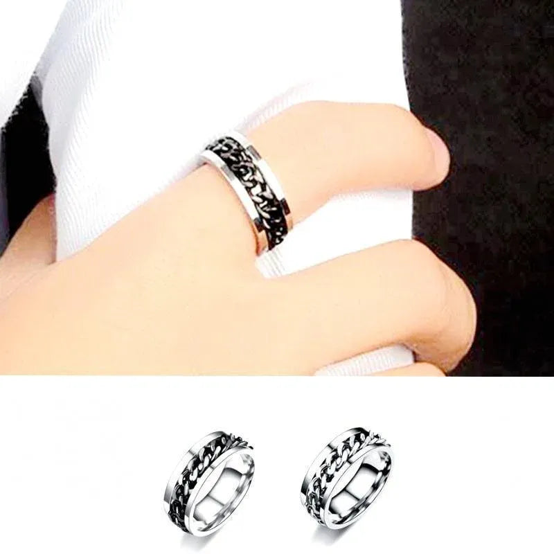 Spinner Rings Mens Womens Fidget Rotating Ring Silver Stainless Steel Size 7 - Black