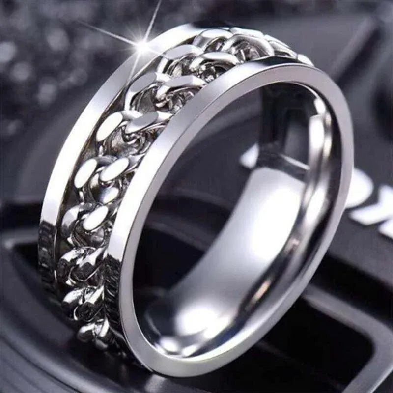 Spinner Rings Mens Womens Fidget Rotating Ring Silver Stainless Steel Size 7 - Black