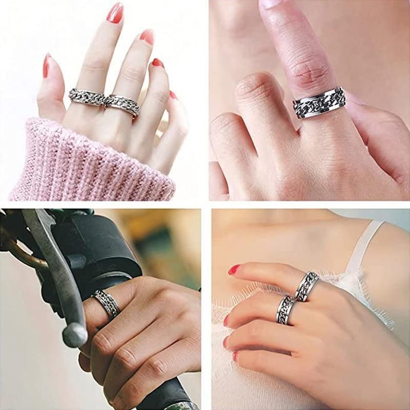 Spinner Rings Mens Womens Fidget Rotating Ring Silver Stainless Steel Size 7 - Black