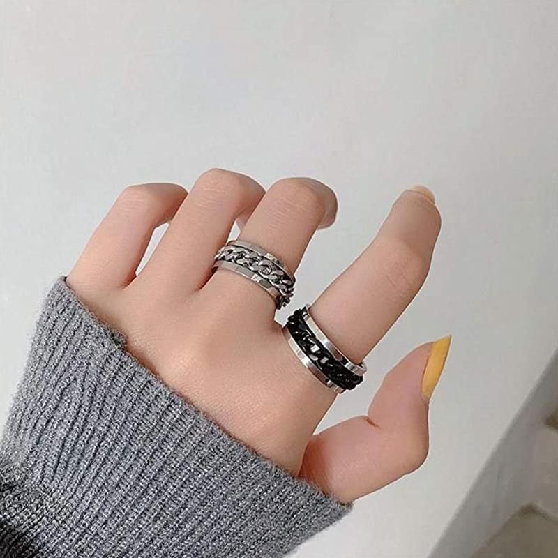 Spinner Rings Mens Womens Fidget Rotating Ring Silver Stainless Steel Size 7 - Black