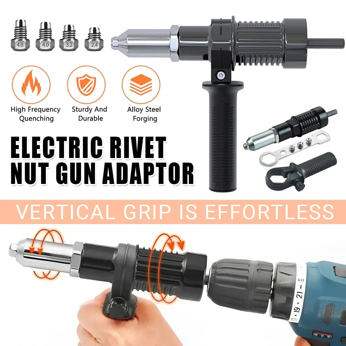 Electric Rivet Nut Gun Adapter Cordless Drill Tool Kit with 4 Nozzles Durable
