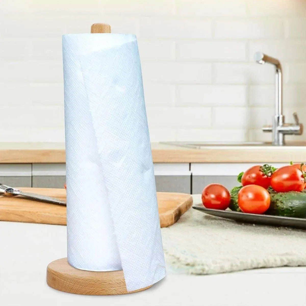 Beech Wood Vertical Paper Roll Holder Creative Kitchen Tissue Rack Storage Stand