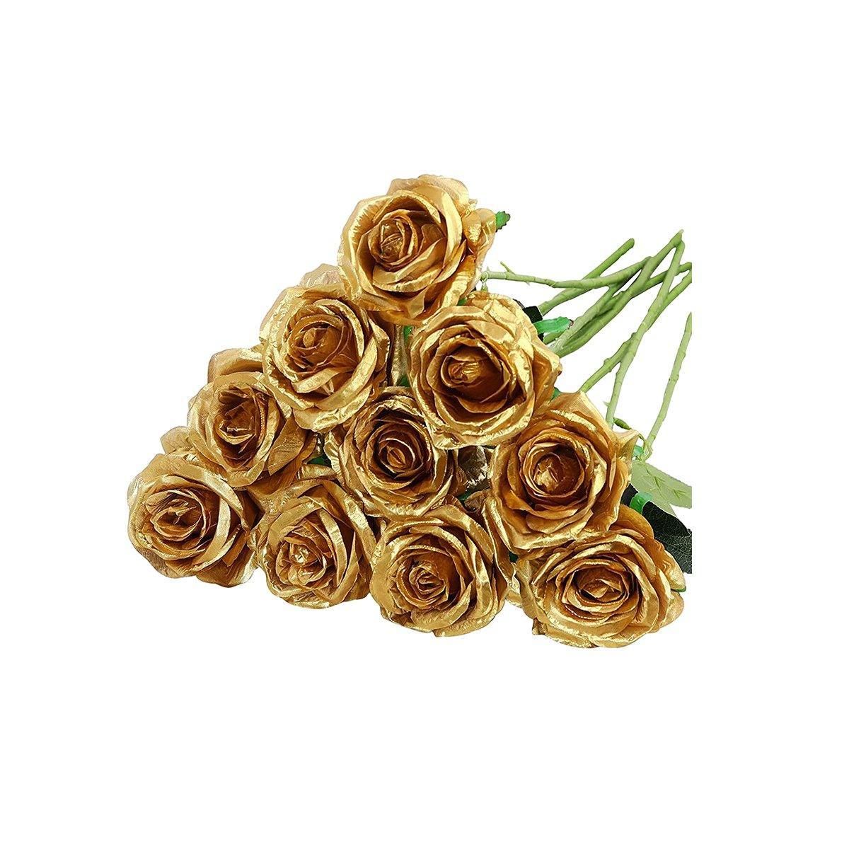 10pcs Artificial Silk Simulation Rose Flowers - Wedding Party Home Decorations - Gold
