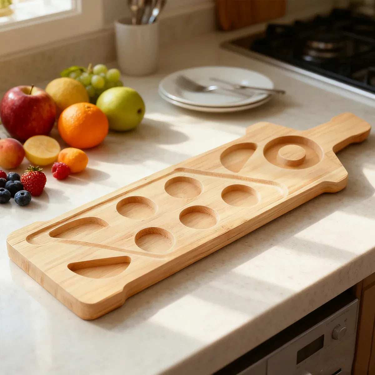 Bamboo Wine Glass and Condiment Rack Anti Slip Stable With Divided Compartments