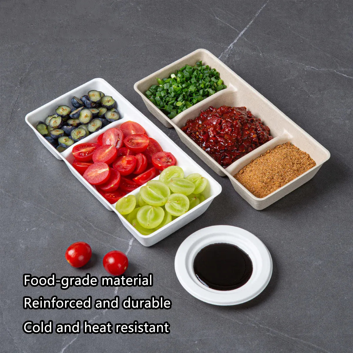 30PCS Disposable Pulp Three-Compartment Dip Box for Sushi BBQ Sauce Condiment - Kraft