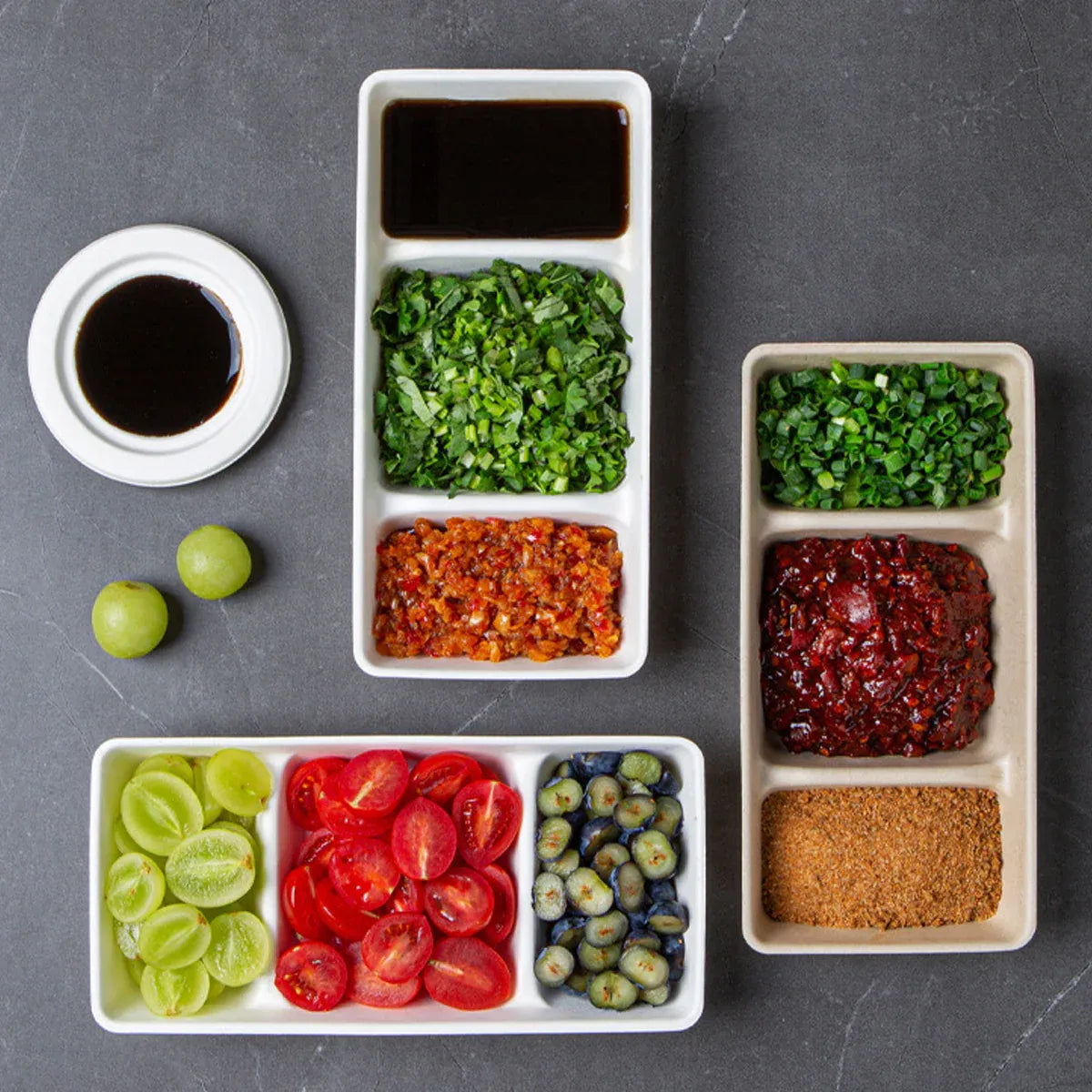 30PCS Disposable Pulp Three-Compartment Dip Box for Sushi BBQ Sauce Condiment - Kraft