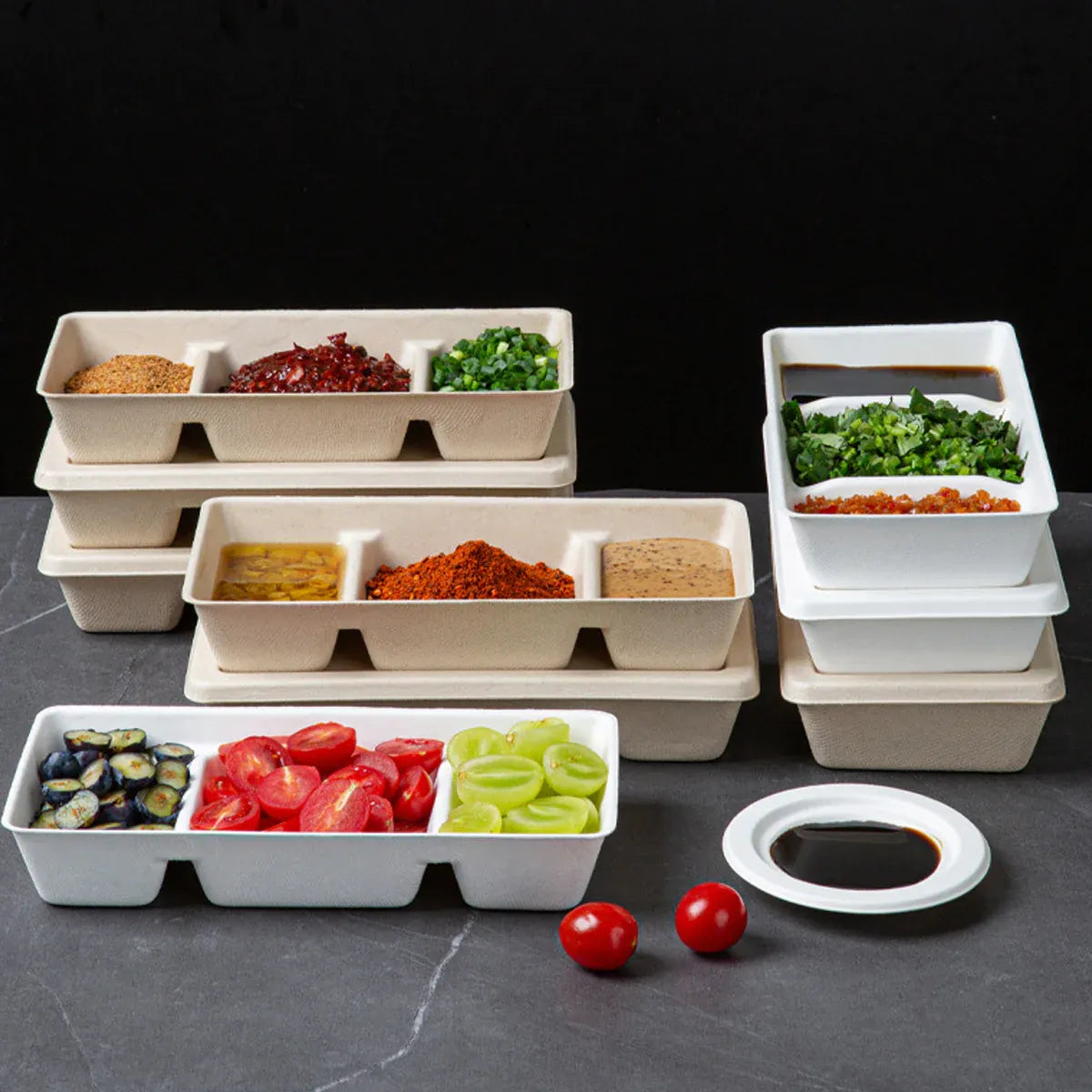30PCS Disposable Pulp Three-Compartment Dip Box for Sushi BBQ Sauce Condiment - Kraft