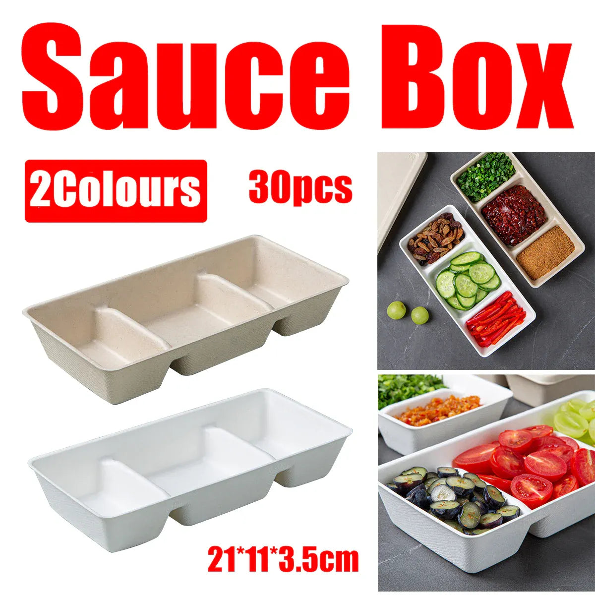 30PCS Disposable Pulp Three-Compartment Dip Box for Sushi BBQ Sauce Condiment - Kraft