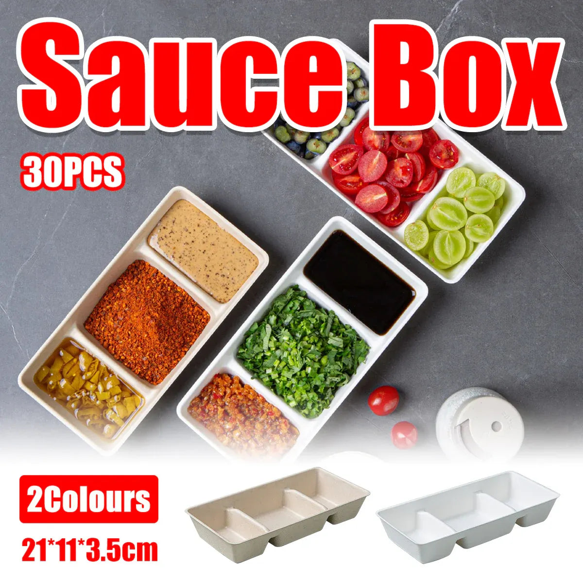 30PCS Disposable Pulp Three-Compartment Dip Box for Sushi BBQ Sauce Condiment - White