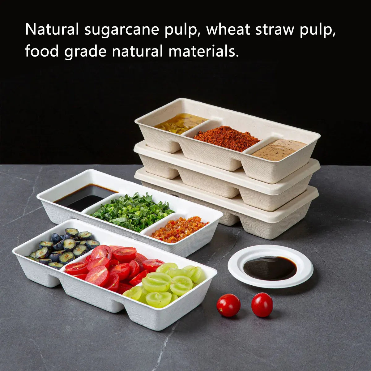 30PCS Disposable Pulp Three-Compartment Dip Box for Sushi BBQ Sauce Condiment - White