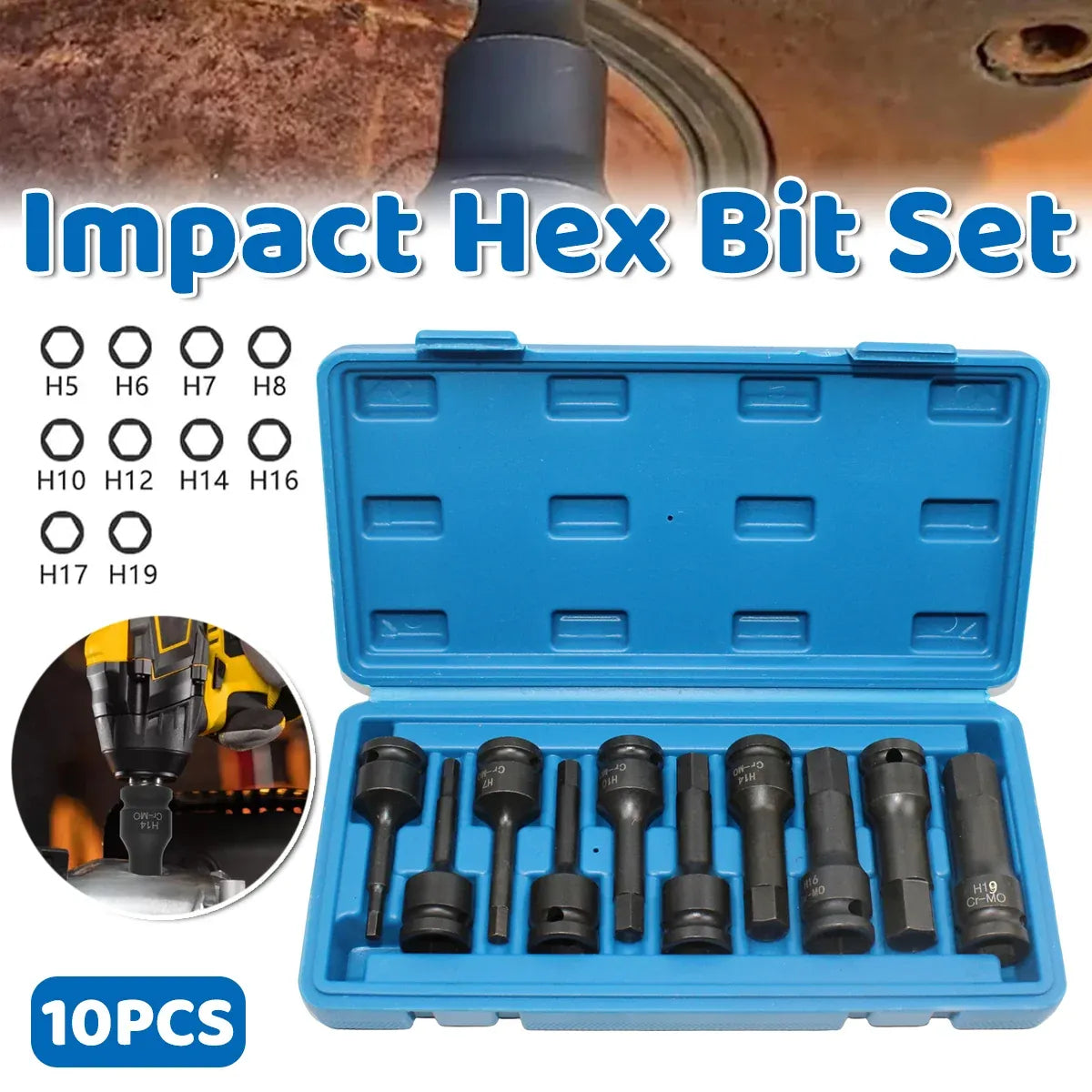10 Piece Impact Hex Socket Bit Set 1/2 Inch Drive Metric H5 to H19 with Storage Case