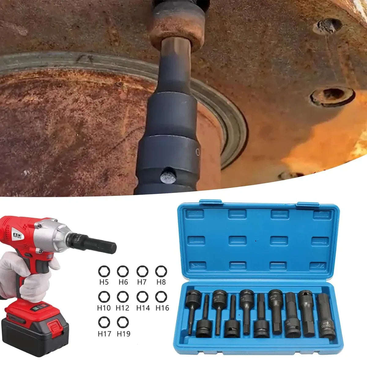 10 Piece Impact Hex Socket Bit Set 1/2 Inch Drive Metric H5 to H19 with Storage Case