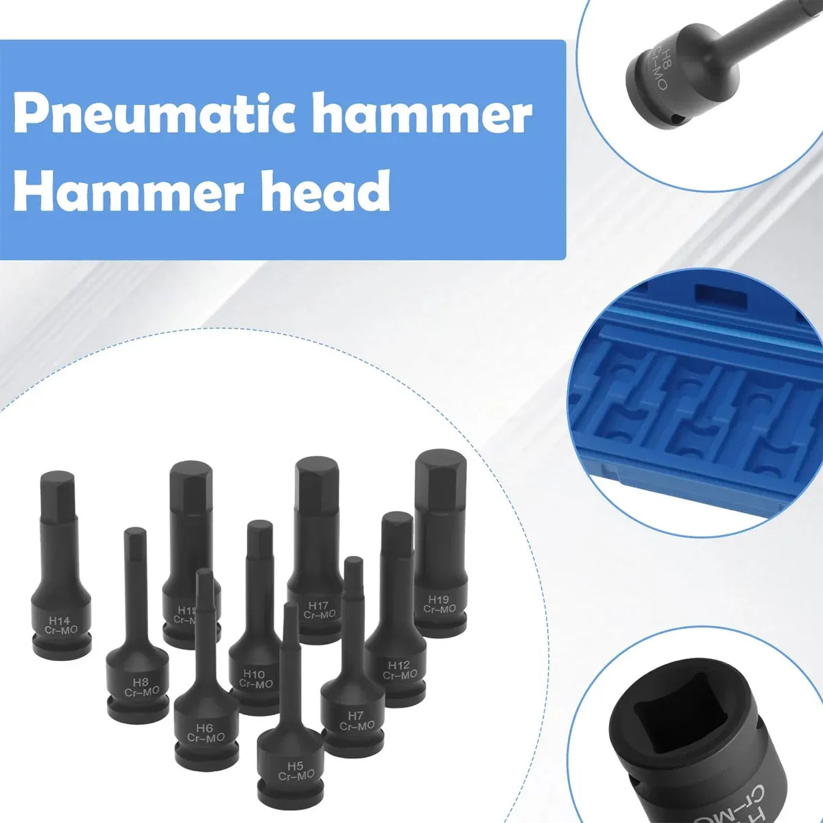 10 Piece Impact Hex Socket Bit Set 1/2 Inch Drive Metric H5 to H19 with Storage Case