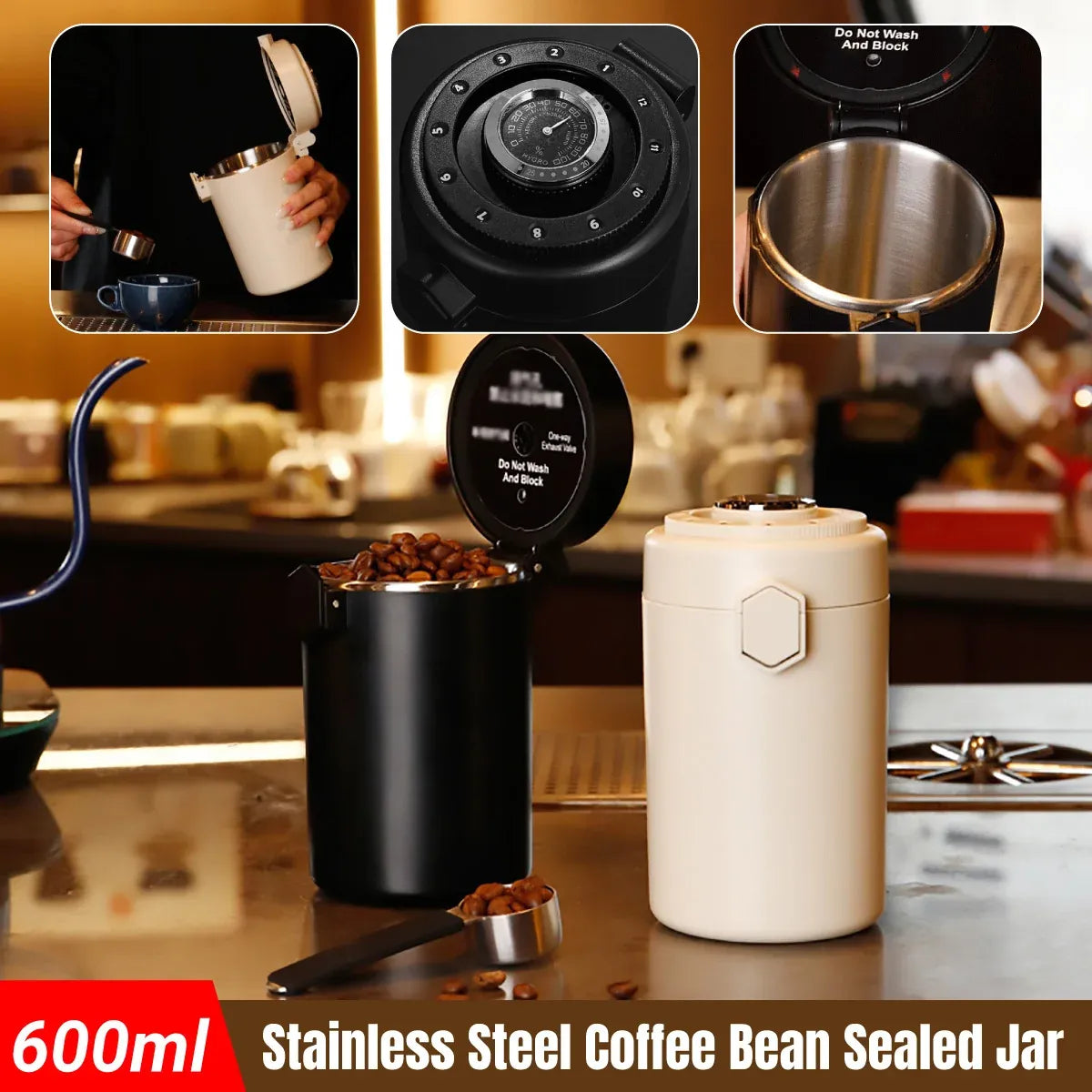 304 Stainless Steel Coffee Bean Sealed Jar 600ml Food Grade Leakproof Durable - Beige