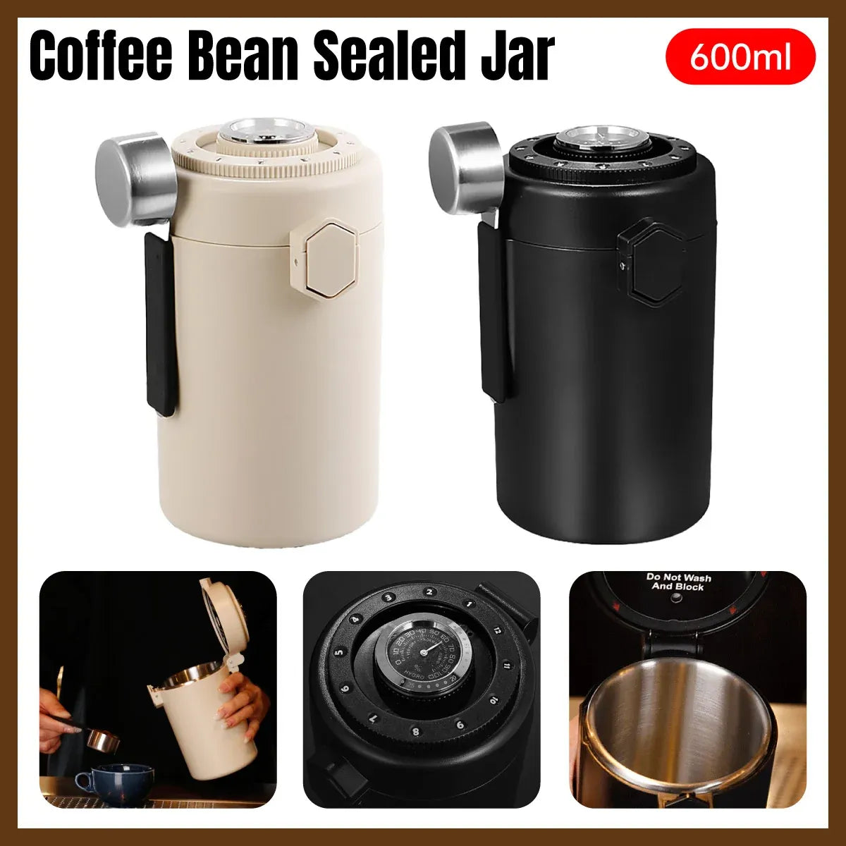 304 Stainless Steel Coffee Bean Sealed Jar 600ml Food Grade Leakproof Durable - Beige