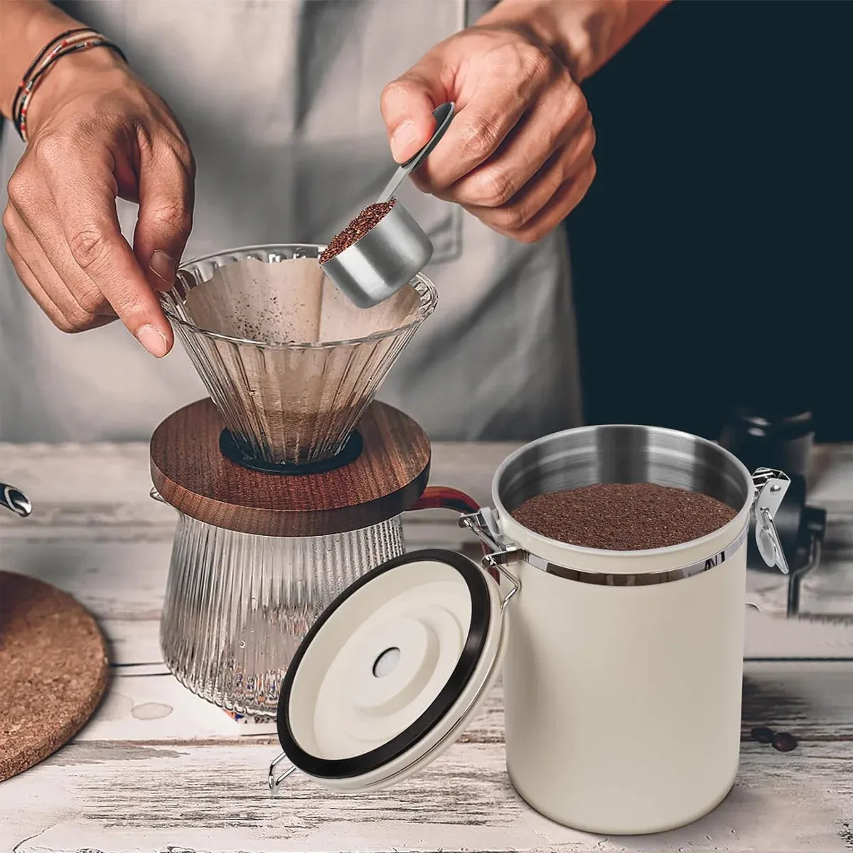 3 Sizes Stainless Steel Coffee Bean Powder Storage Jar Sealed Canister with Valve - 1.2L