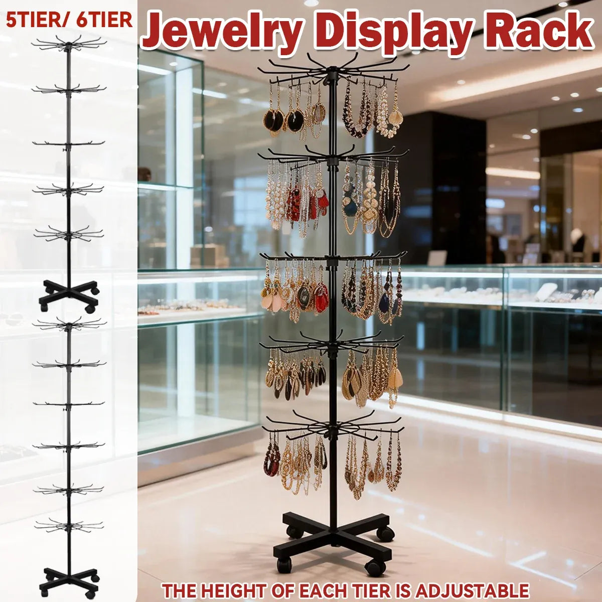 Rotating Jewellery Display Stand 5 6 Tier Metal Rack With Wheels Adjustable - 6 Tier