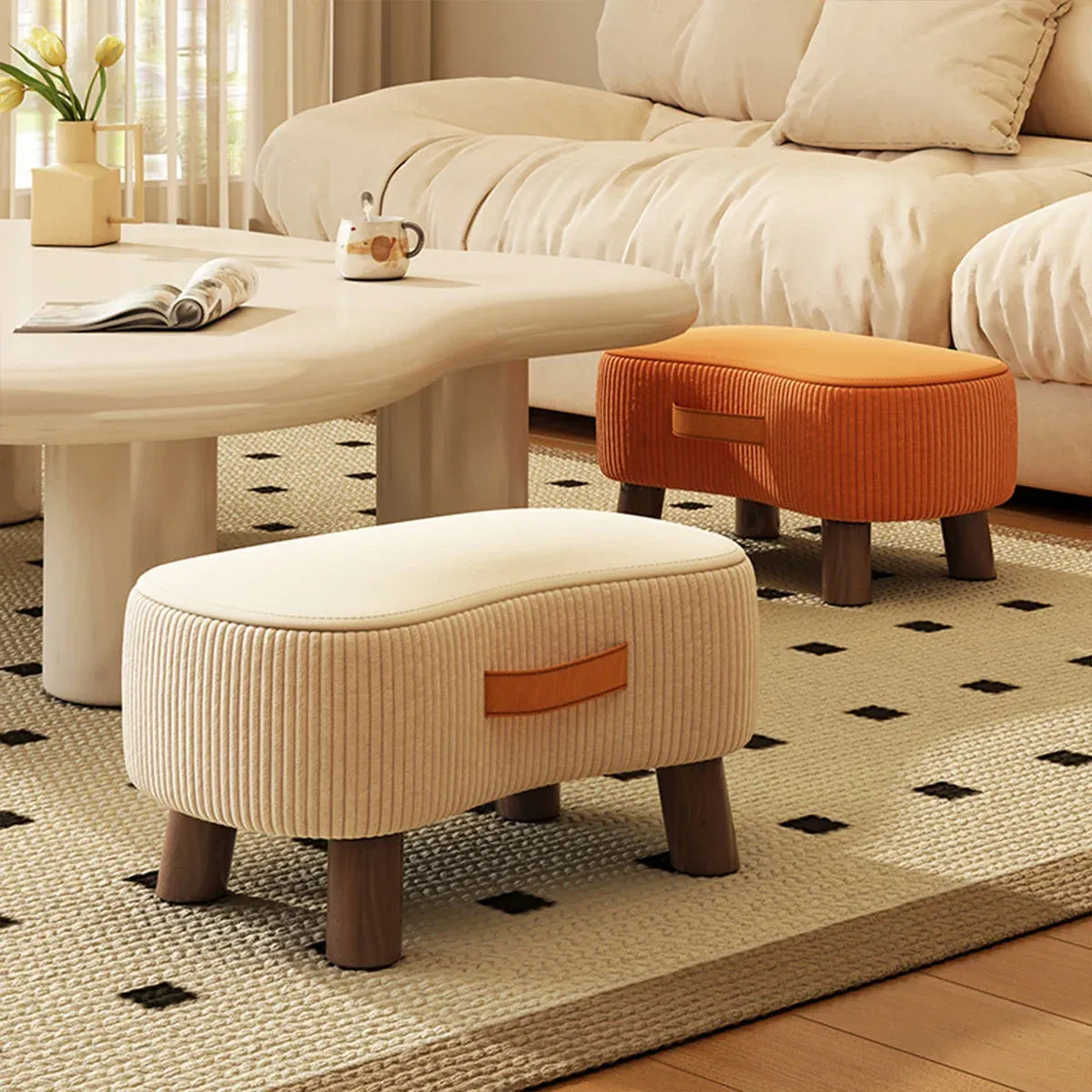 Small Stool for Home Simple Shoe Changing Low Seat Stool Wooden Household Use - Orange