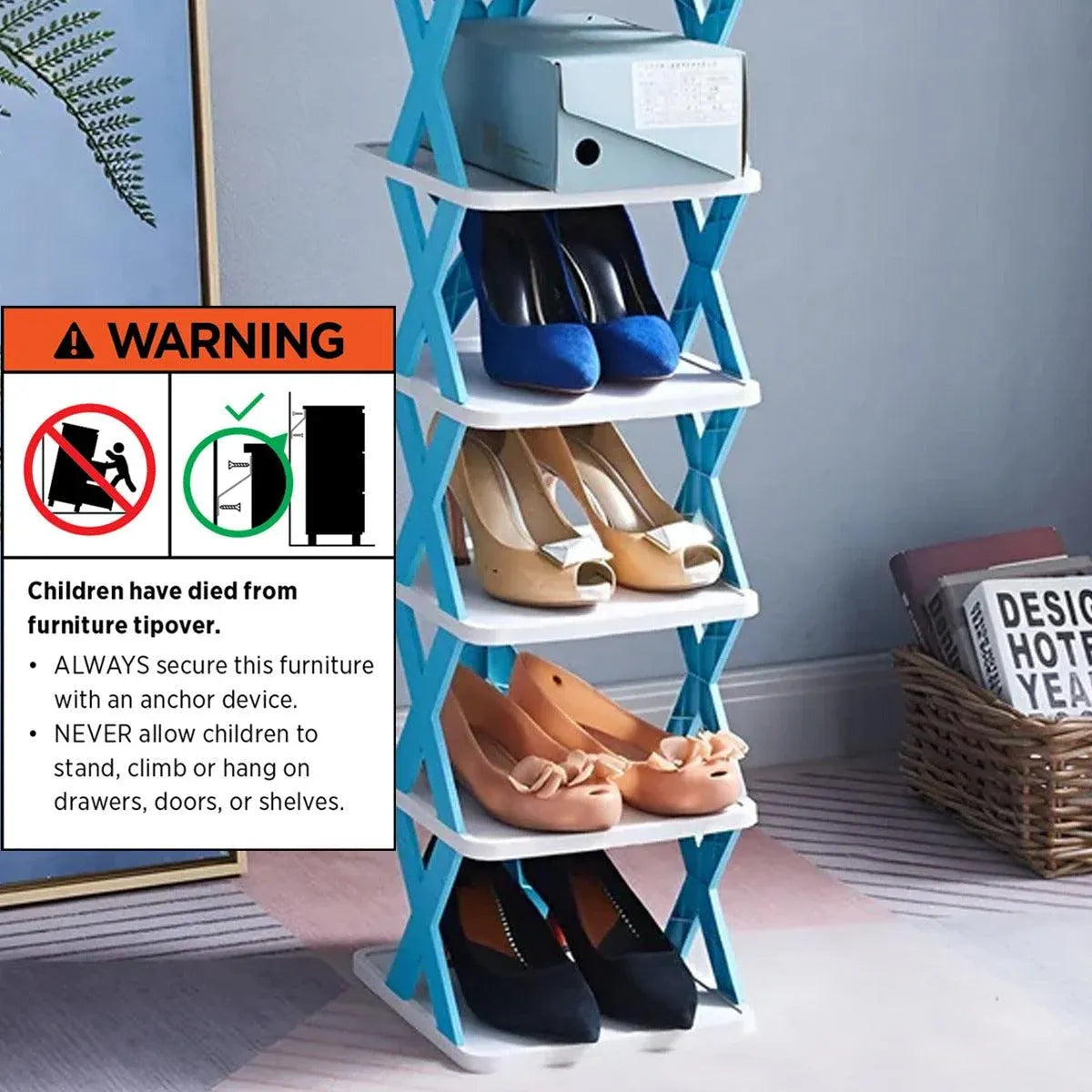 6/7 Tier Shoe Rack Space Saving Small Shoe Cabinet Storage Shelf Organizer - Blue-6 Layer