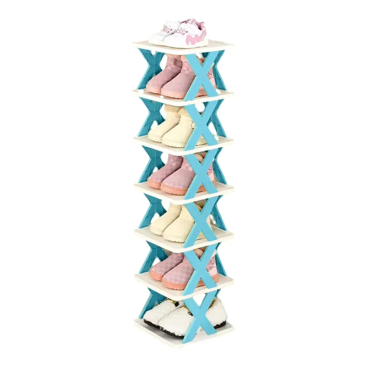 6/7 Tier Shoe Rack Space Saving Small Shoe Cabinet Storage Shelf Organizer - Blue-7 Layer