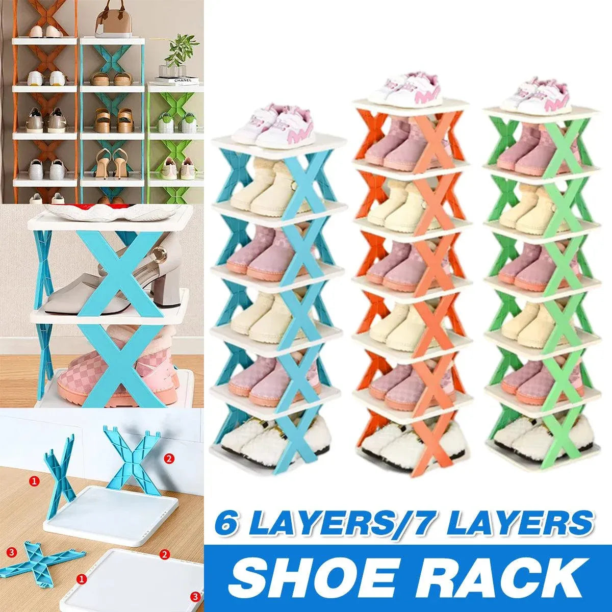 6/7 Tier Shoe Rack Space Saving Small Shoe Cabinet Storage Shelf Organizer - Orange-7 Layer