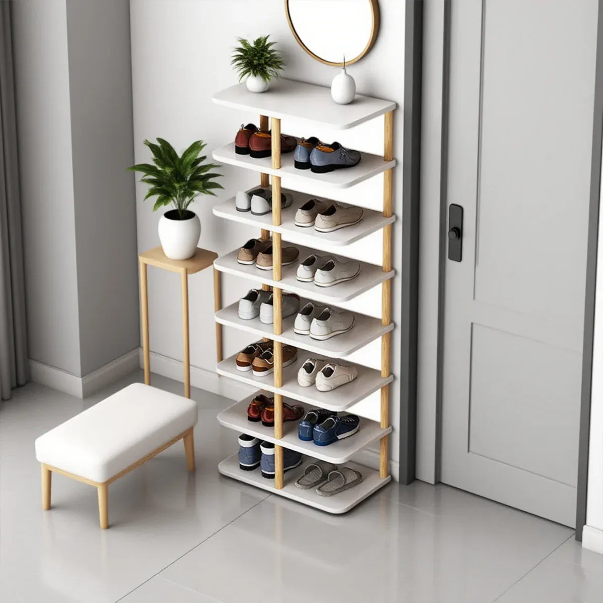 8 Tiers Shoe Rack Wood Vertical Space Saving Narrow Shoe Rack Storage 14 Pairs