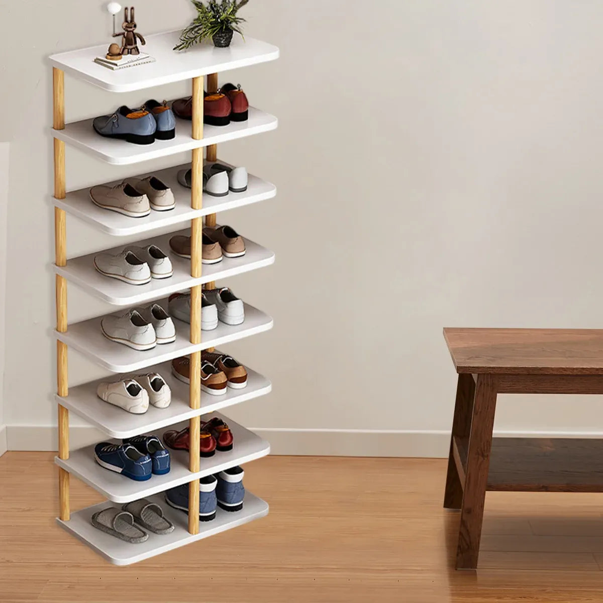 8 Tiers Shoe Rack Wood Vertical Space Saving Narrow Shoe Rack Storage 14 Pairs