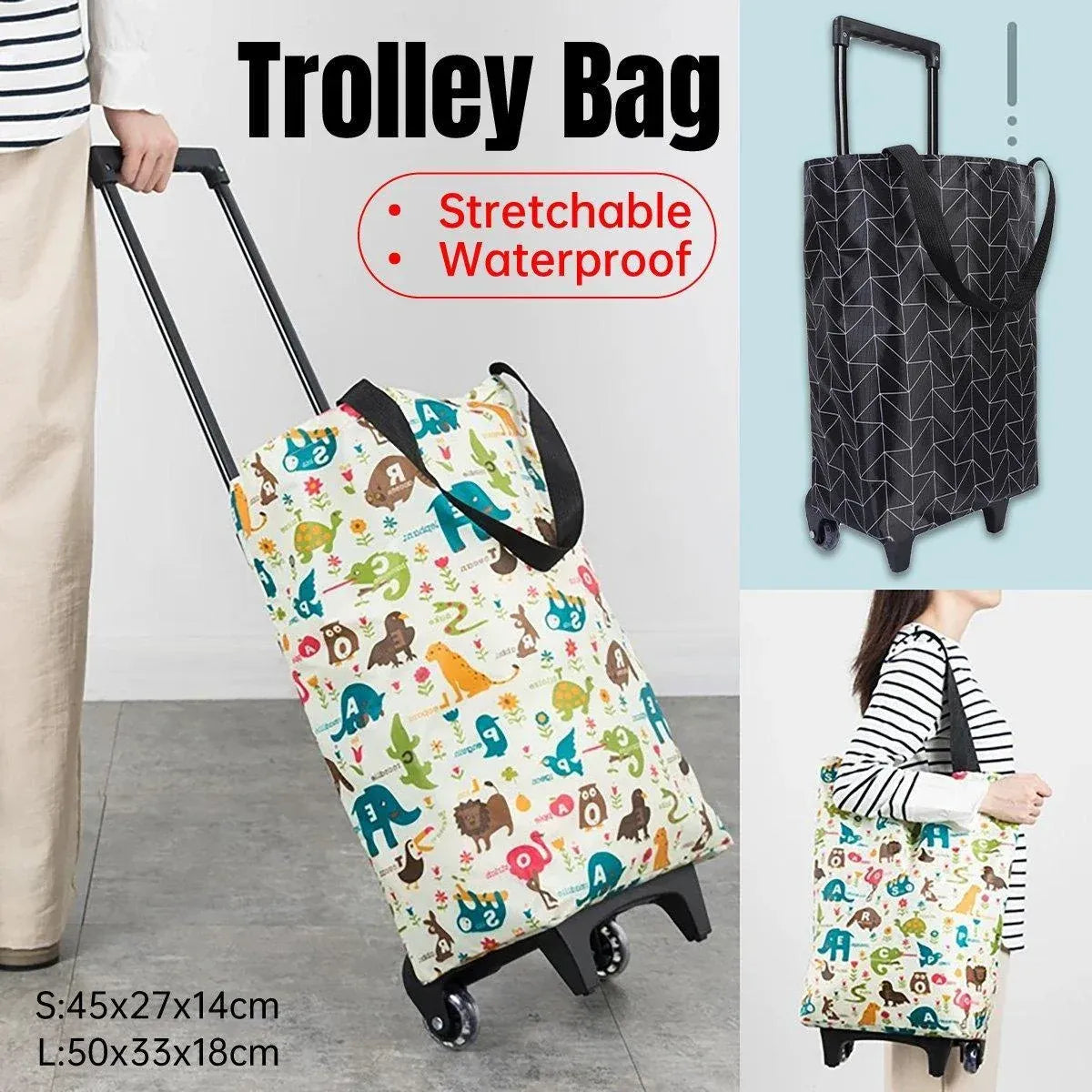 Lightweight Folding Shopping Cart Trolley with Wheels Retractable Tote Bag - Black-Big