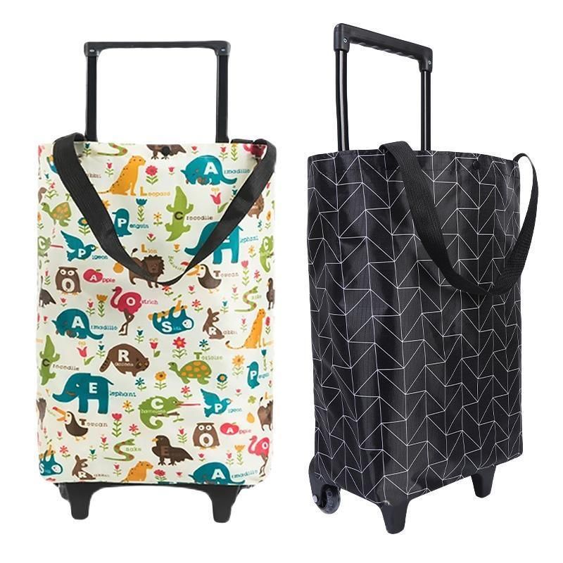 Lightweight Folding Shopping Cart Trolley with Wheels Retractable Tote Bag - Black-Big