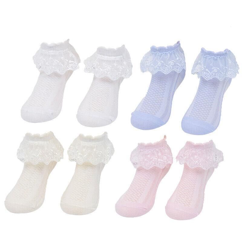 Lace Ruffle Frilly Short Socks for Girls Ankle Length S Size Fits 1-3 Years - Pink