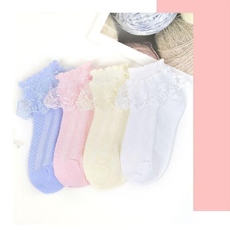 Lace Ruffle Frilly Short Socks for Girls Ankle Length S Size Fits 1-3 Years - Pink
