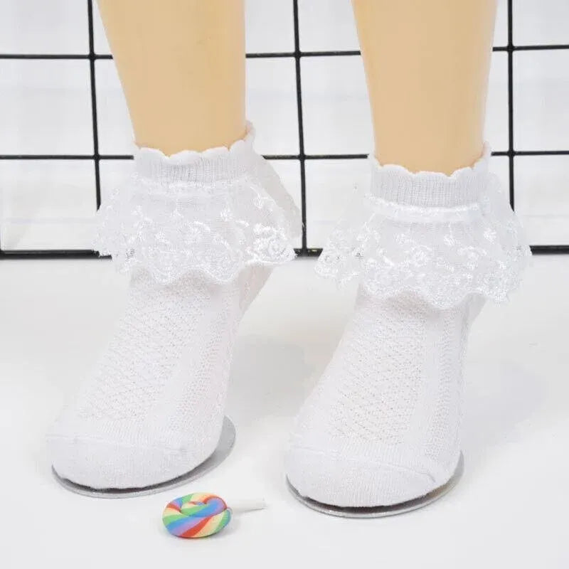 Lace Ruffle Frilly Short Socks for Girls Ankle Length S Size Fits 1-3 Years - Pink