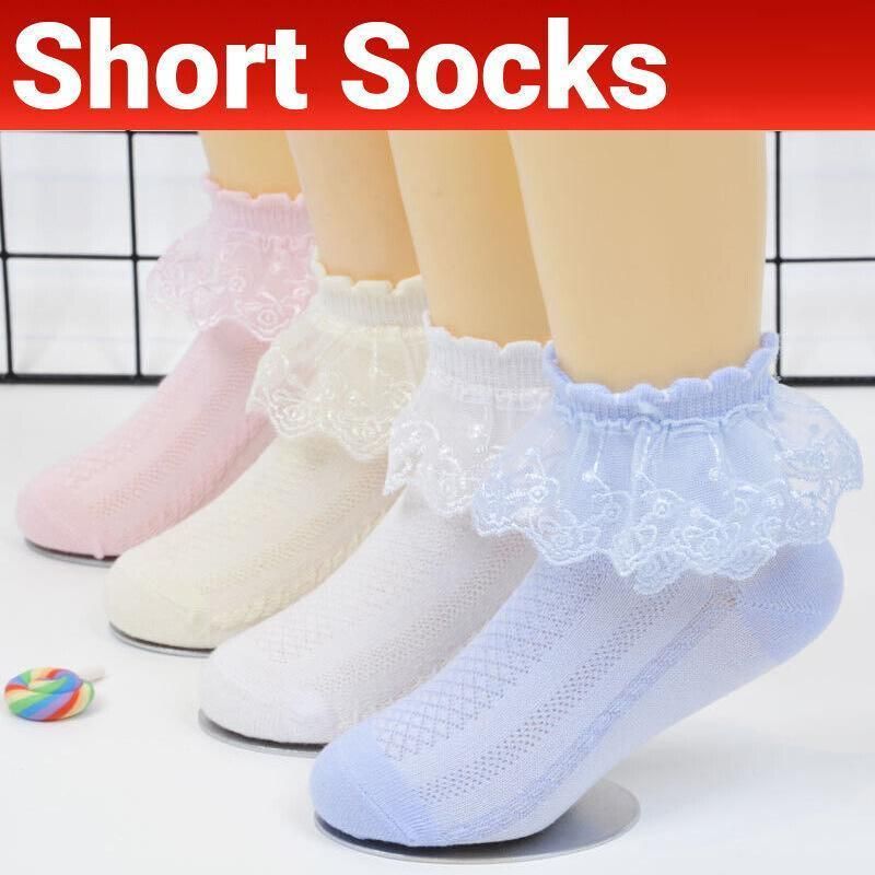 Lace Ruffle Frilly Short Socks for Girls Ankle Length S Size Fits 1-3 Years - Yellow