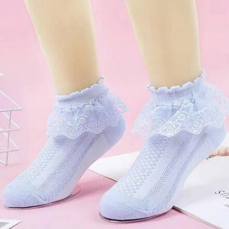 Lace Ruffle Frilly Short Socks for Girls Ankle Length S Size Fits 1-3 Years - Yellow