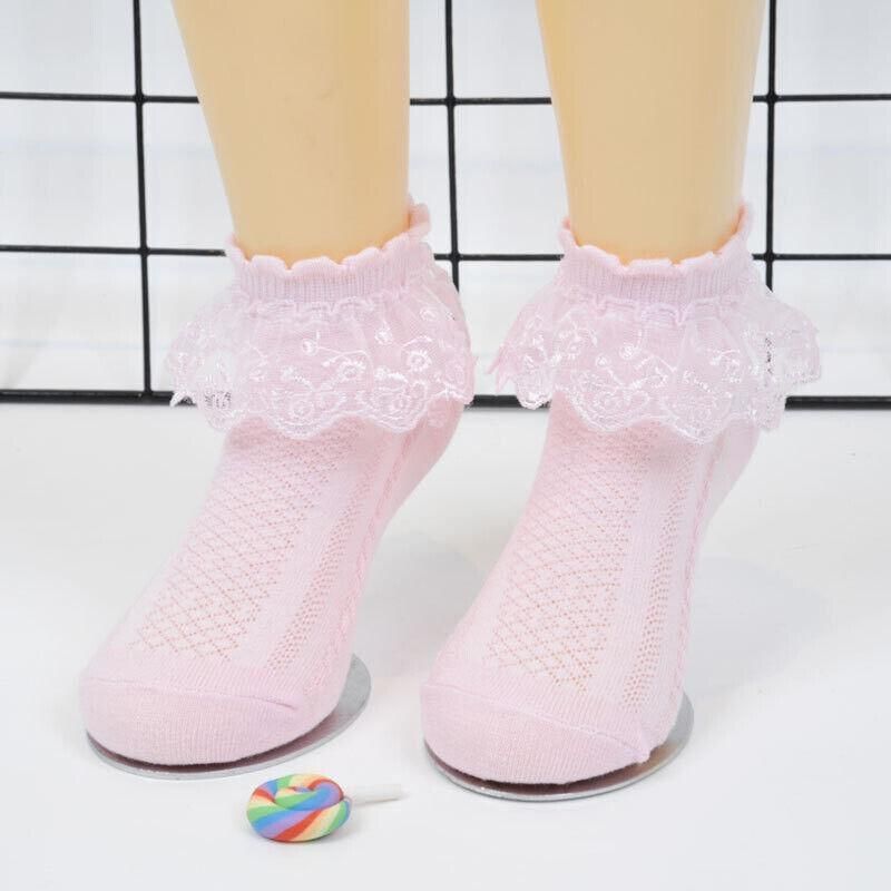 Lace Ruffle Frilly Short Socks for Girls Ankle Length S Size Fits 1-3 Years - Yellow