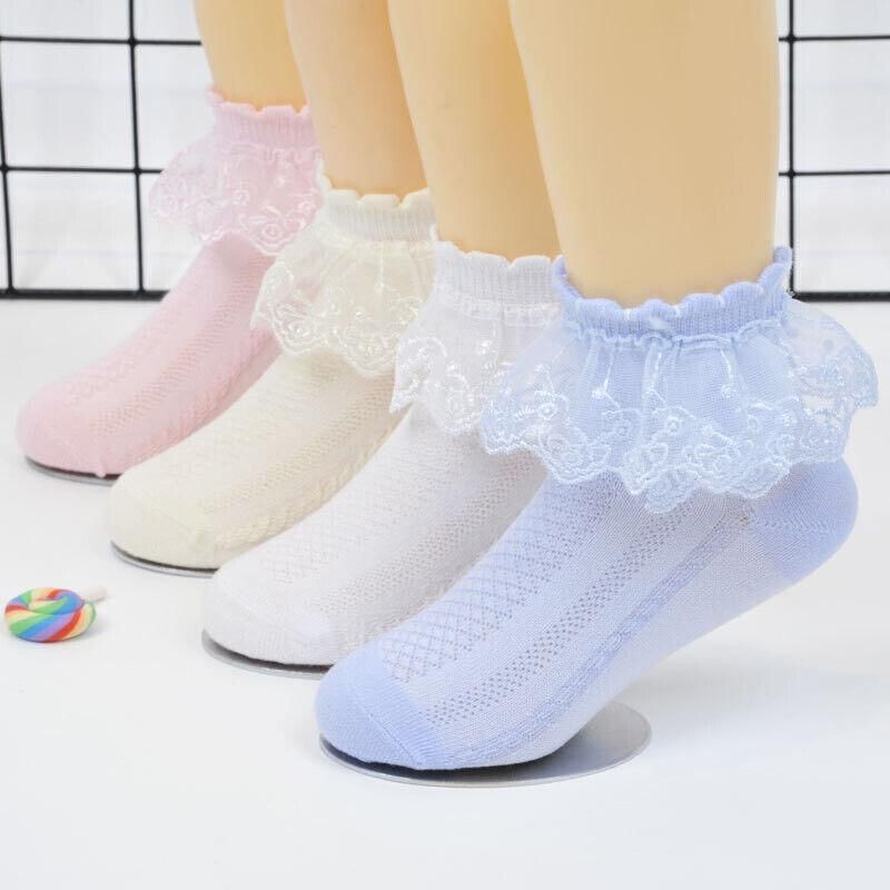 Lace Ruffle Frilly Short Socks for Girls Ankle Length S Size Fits 1-3 Years - Yellow