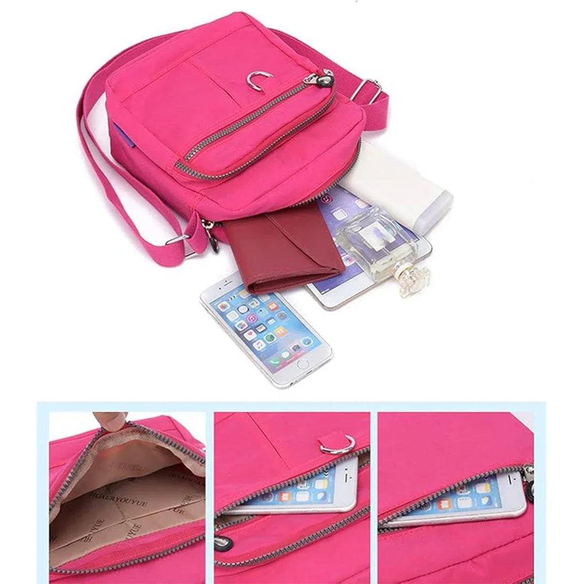 Ladies Shoulder Bag Nylon Fabric Lightweight Crossbody Small Casual Handbag - Rose Red