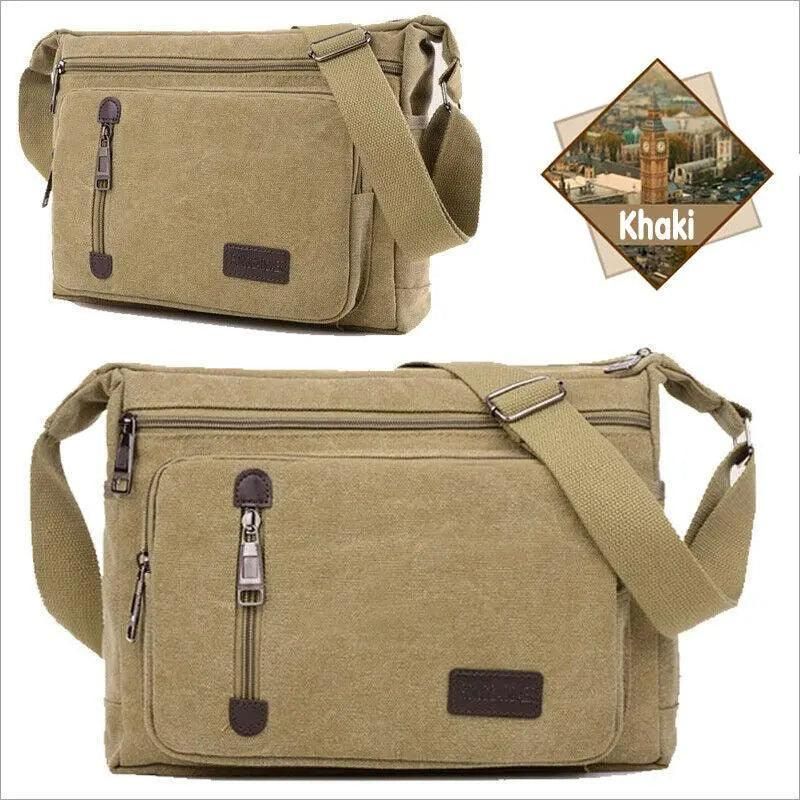 Retro Canvas Messenger Shoulder Bag for Men Travel Crossbody Satchel with Zippers - Khaki