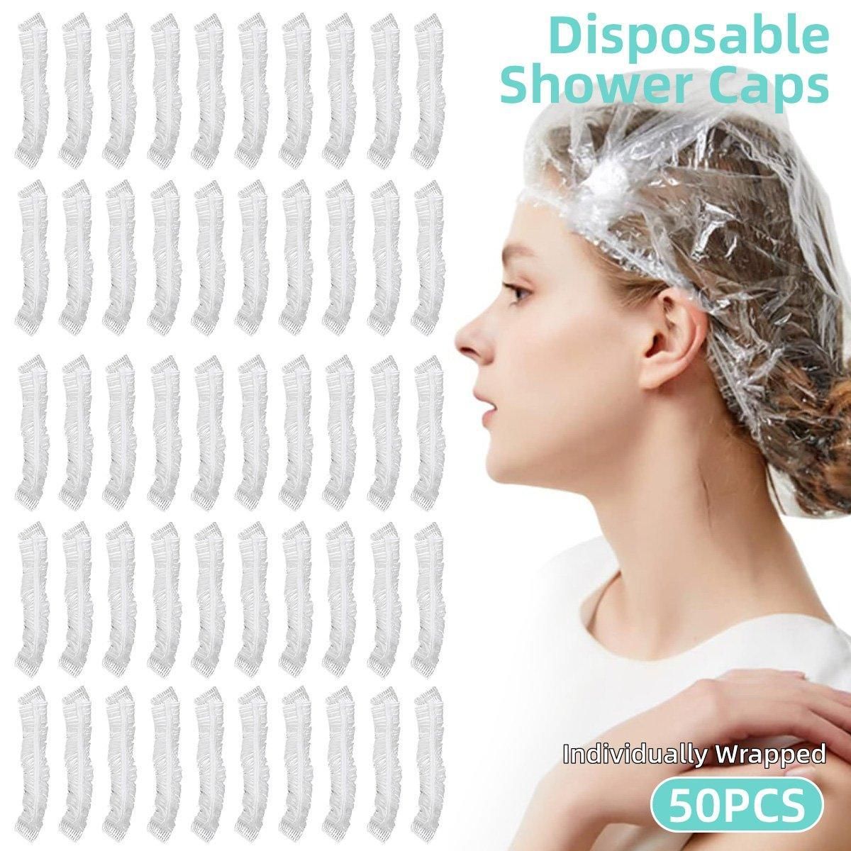 50pcs Transparent Shower Caps Individually Wrapped for Hotel Guesthouse Supplies - B