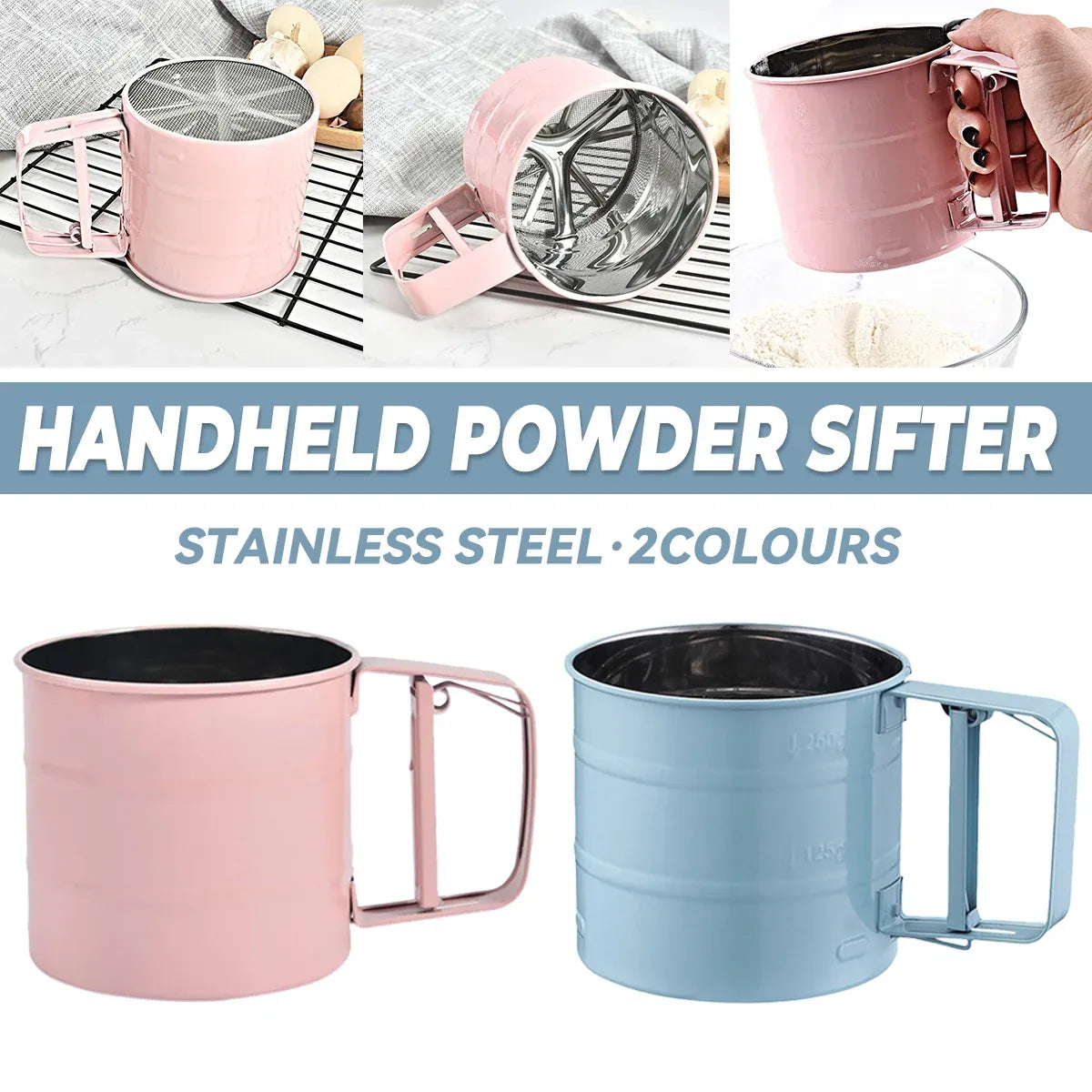 Hand Squeeze Mechanical Flour Sifter Stainless Steel One Hand Baking Sieve - Blue
