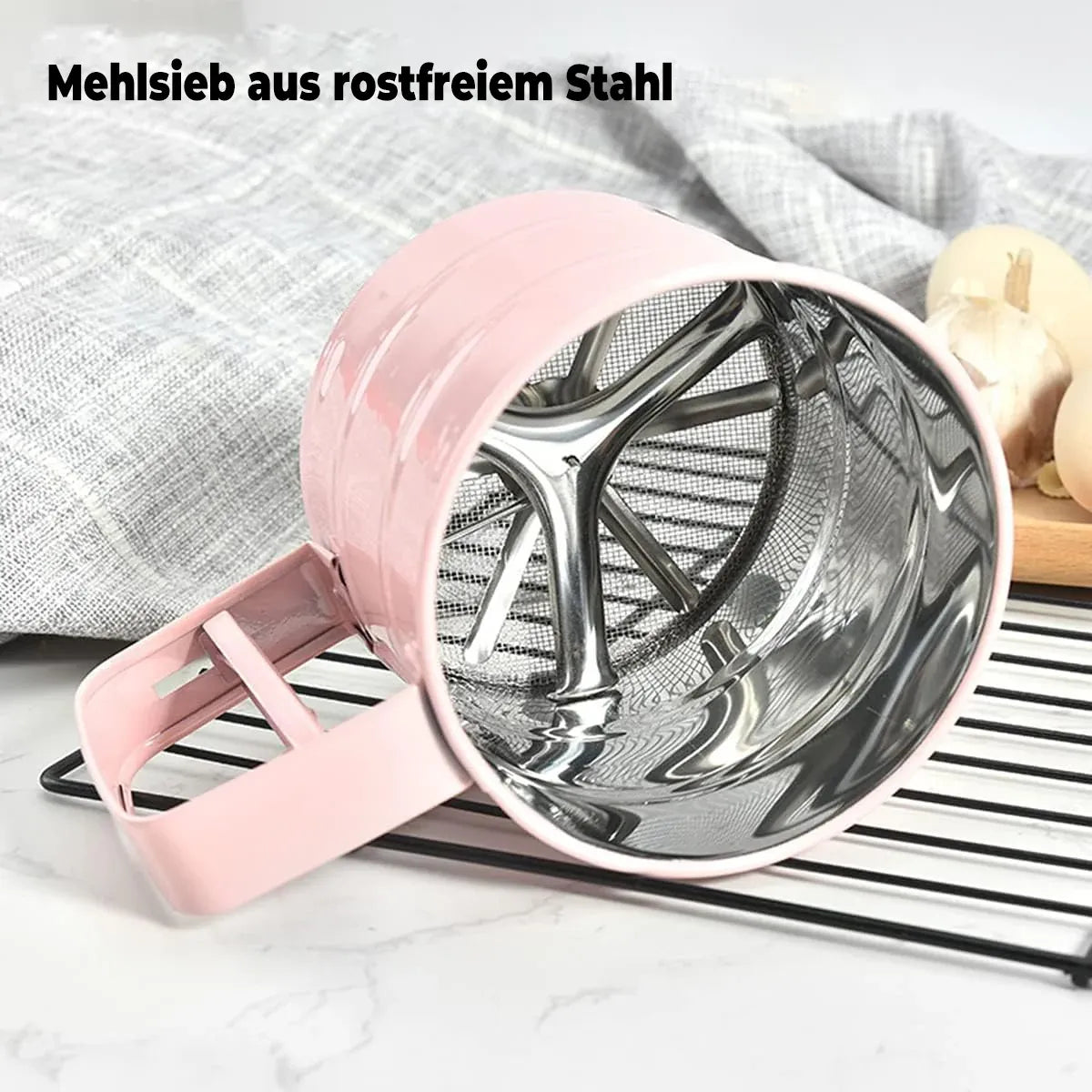 Hand Squeeze Mechanical Flour Sifter Stainless Steel One Hand Baking Sieve - Blue