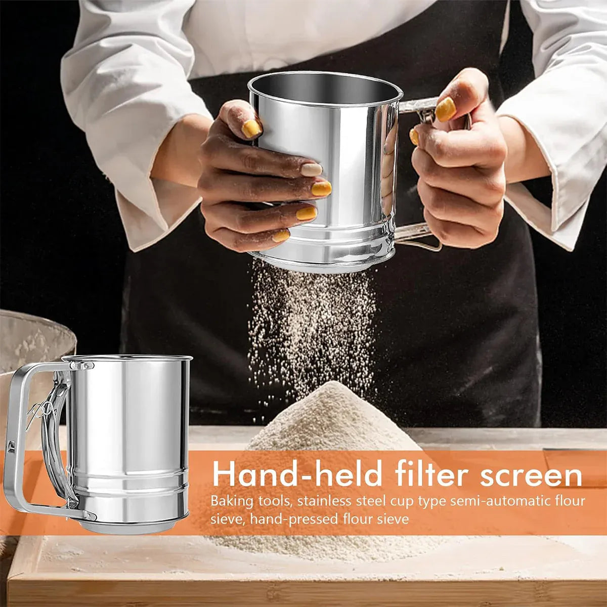 Stainless Steel Handheld Flour Sieve Home Filter Mesh Sieve Baking Tool Durable