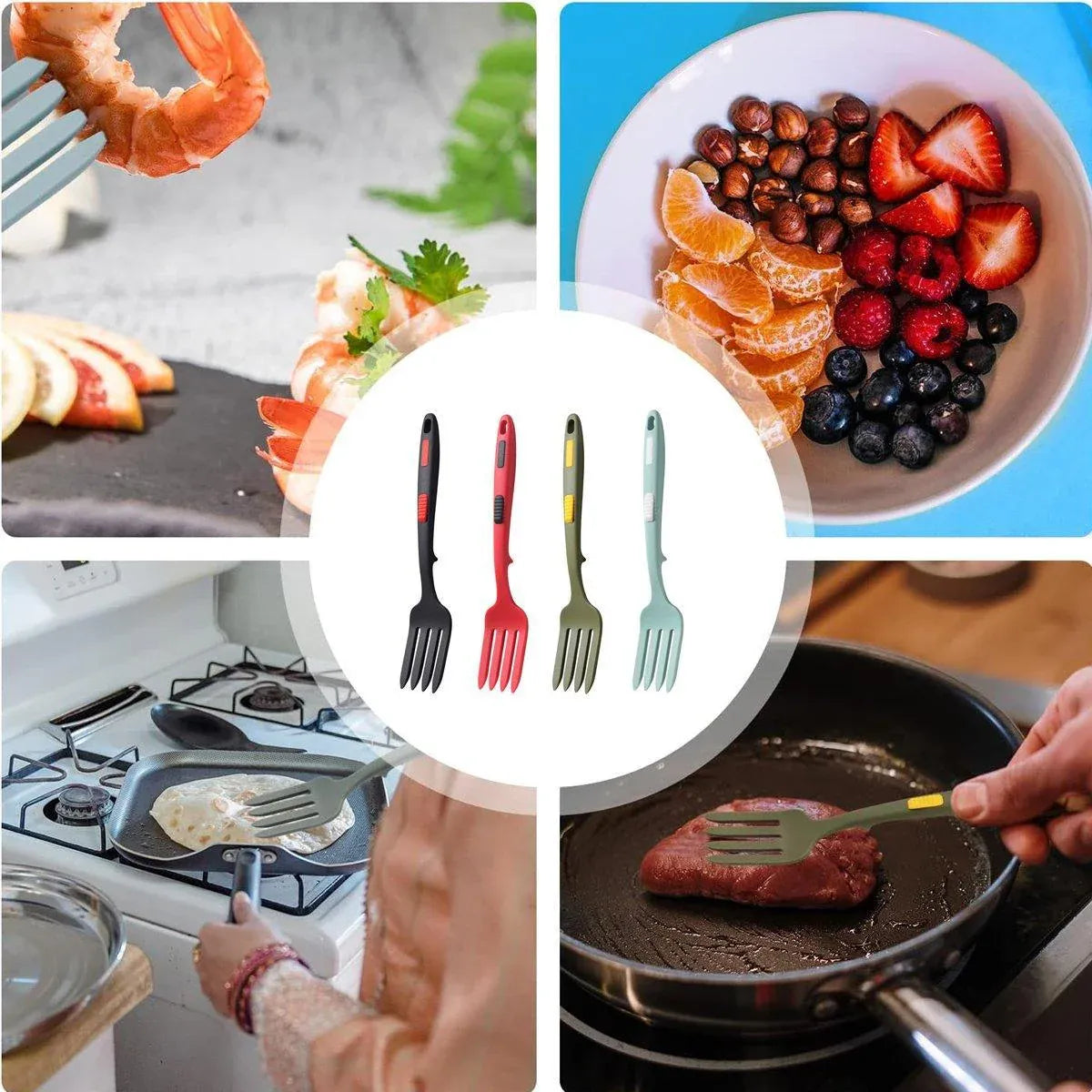2PCS Silicone Heat Resistant Flexible Cooking Forks Dishwasher Safe Kitchen - Red-Black