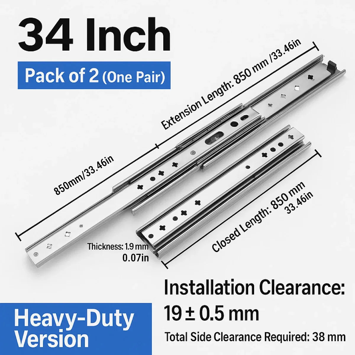 2PCS 53mm Heavy Duty Drawer Slides 850mm Full Extension Rail