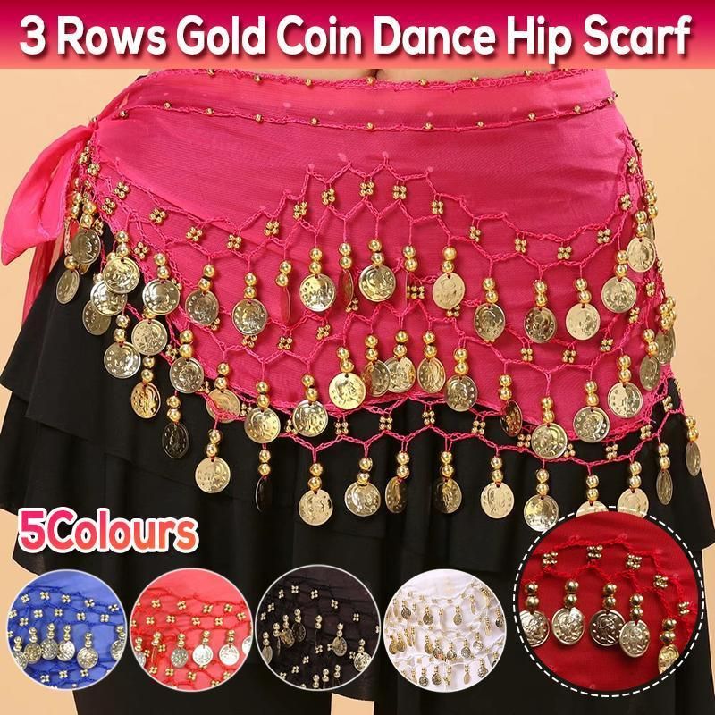1X 3Rows Belly Dance Dancing Hip Scarf Belt Chain Skirt Golden Tone 98 Coin Bead - Rose Red