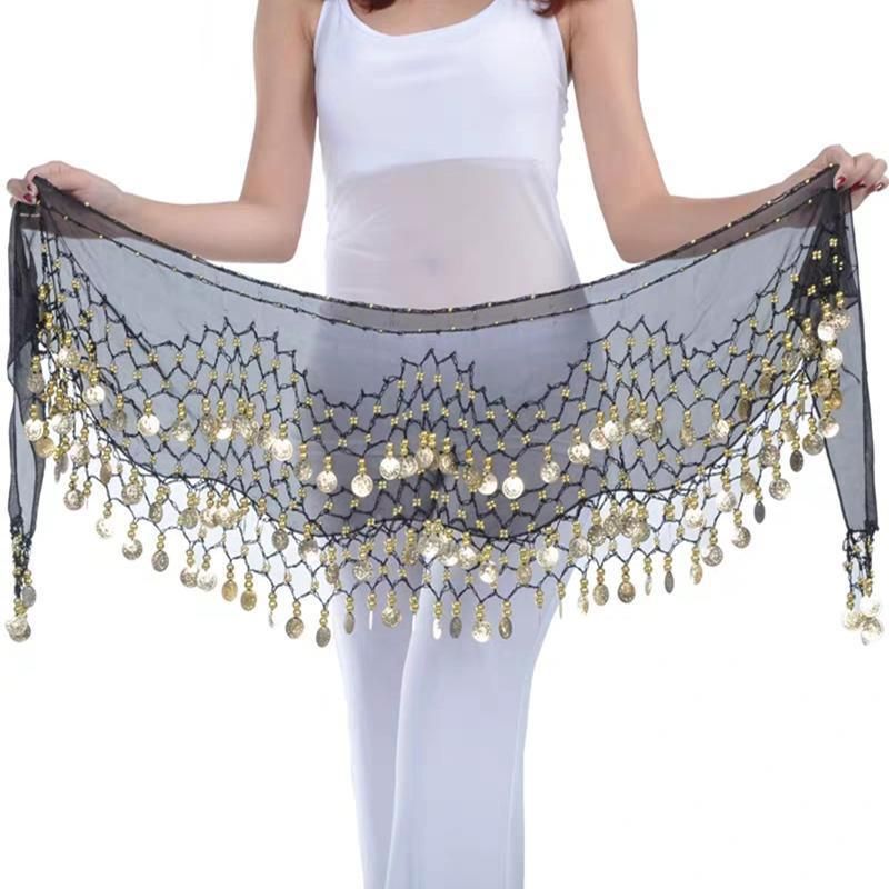 1X 3Rows Belly Dance Dancing Hip Scarf Belt Chain Skirt Golden Tone 98 Coin Bead - Rose Red