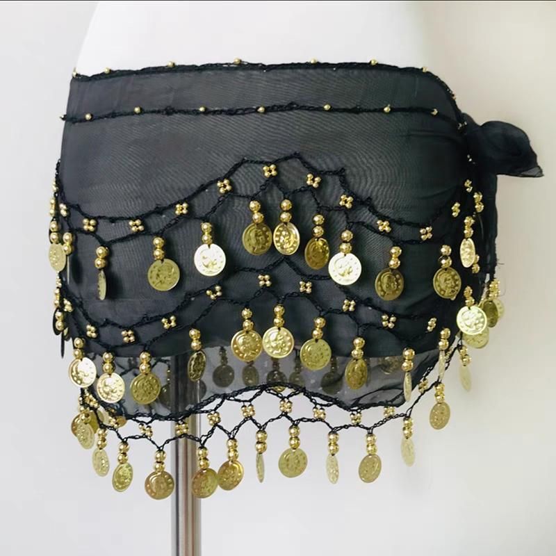 1X 3Rows Belly Dance Dancing Hip Scarf Belt Chain Skirt Golden Tone 98 Coin Bead - Rose Red