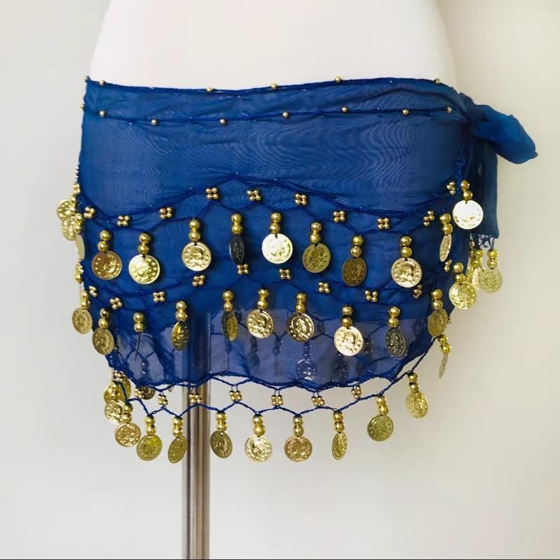 1X 3Rows Belly Dance Dancing Hip Scarf Belt Chain Skirt Golden Tone 98 Coin Bead - Rose Red